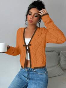 Rafferiza French Casual Versatile Diamond Textured Long Sleeve Pullover Knit - Orange - View 6