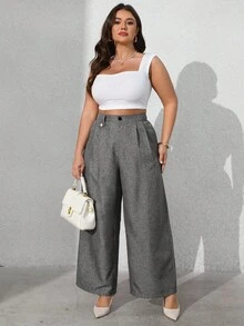 Vionelle Plus Size Women's Solid Color Front Button Flared Pants Linen Pants For Women Pants For Women High Waist Pants Wide Leg Pants Grey Pants - Dark Grey - View 3