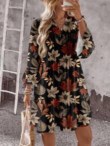 EMERY ROSE 休闲浪漫秋季枫叶和花朵印花大码女式A字连衣裙 - 彩色 - 查看 7