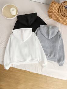 SHEIN 3 件套 Tween 女童休闲保暖内衬超大蝴蝶印花套头连帽衫，黑色、白色、浅花灰色秋冬女装 - 彩色 - 查看 2