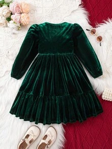 Váy dài tay dệt kim nhung xanh thanh lịch cho bé gái - màu xanh lá - Xem 2