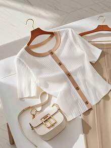 GlowEve 女士夏季纽扣设计圆领短袖休闲百搭T恤 - 白色 - 查看 1