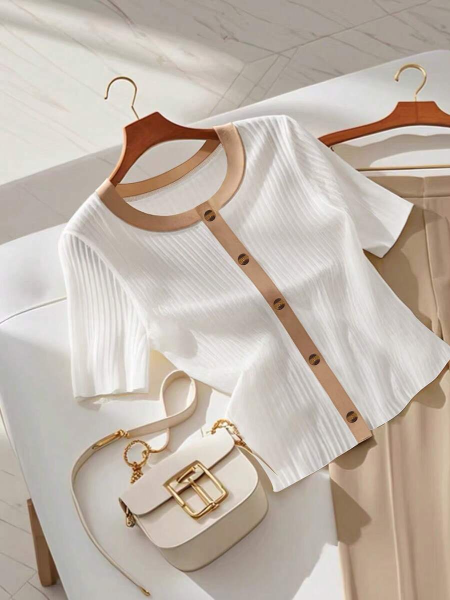 GlowEve 女士夏季纽扣设计圆领短袖休闲百搭T恤 - 白色 - 查看 1