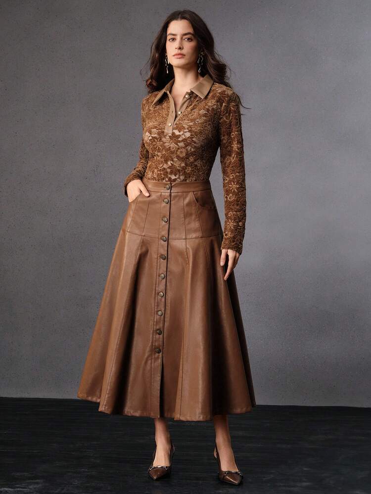 High-End Design Autumn/Winter Lace Patchwork PU Leather Splicing Metal Button Slim Fit Lapel Collar Women Blouse, Elegant, Luxury, Chic, Casual