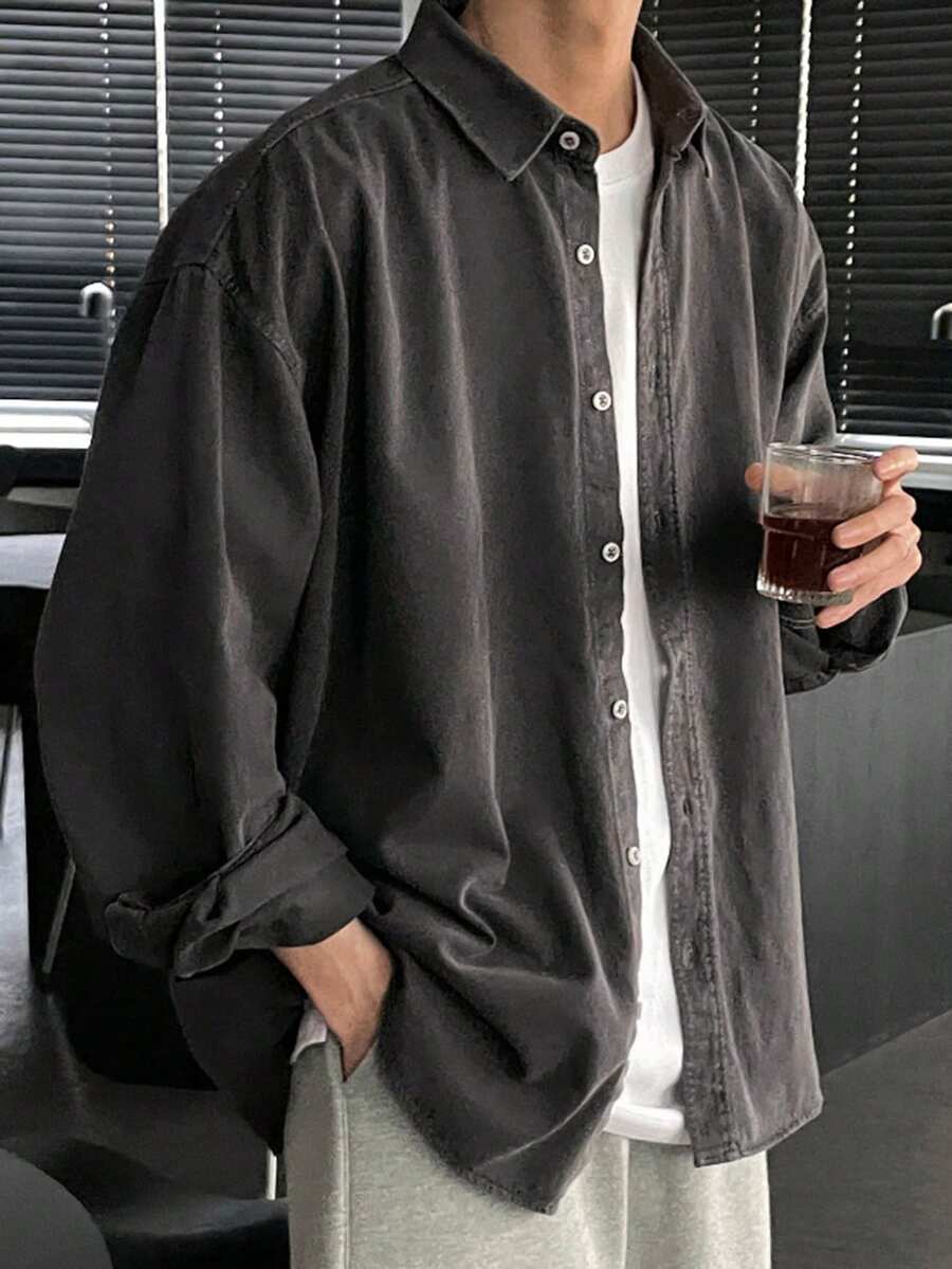 DAZY Men's Solid Color Long Sleeve Casual Single Breasted Shirt, Autumn, For Fall - Dark Grey - View 1