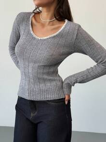 Aloruh Suéter de punto de manga larga gris sólido con ribete de contraste, minimalista, de otoño/invierno, informal - Gris - Ver 4