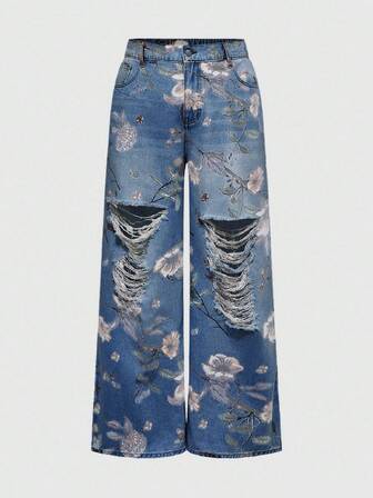 Fairycore Jeans amples à jambes larges pour femmes de grande taille, imprimé floral vintage lavé