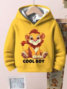 SHEIN 2 件套年轻男孩休闲简约时尚经典可爱狮子印花宽松连帽运动衫和裤子，适合秋冬季 - 彩色 - 查看 3