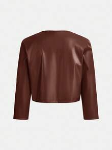 SHEIN Essnce 女式纯色 PU 皮革长袖褶皱设计时尚夹克，秋季 - 巧克力棕 - 查看 2