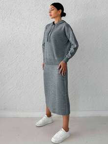 RueChic Drop Shoulder Drawstring Hooded Sweater & Knit Skirt - Light Grey - View 4