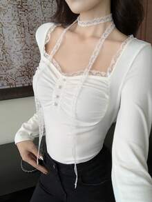 DAZY 女士优雅系带长袖 T 恤，春/秋 - 白色 - 查看 4