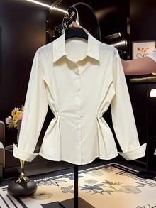 INAWLY Women's Casual Solid Color Cinched Waist Shirt - Apricot - View 7