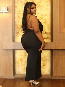 Hourglow Ceceforeign_ Plus Size Women's Minimalist Basic Dress, Elegant Ruched Front Halter Slit Backless Long Dress For Dating, Vacation, School, Formal Occasions, Black, Autumn,Birthday Dresses For Women, For Hourglass Body Shape, For Body Shape, For Summer - Black - View 6