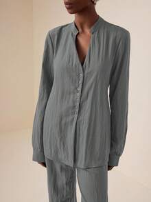 Vesra Casual Outfit - V-Neck Cinched Waist Blouse And Wide Leg Pants Blouse And Pants Set - Grey - View 6