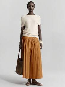 Ontre 女士高腰褶皱半身裙，面料柔软舒适，适合都市通勤、商务休闲、优雅办公穿着、教师等场合。 - 棕色 - 查看 8