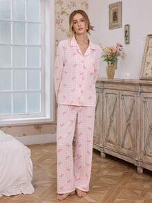 FloralLove 粉色格子蝴蝶结领宽松长袖上衣和裤子女士睡衣套装，冬季服装 - 粉色 - 查看 8