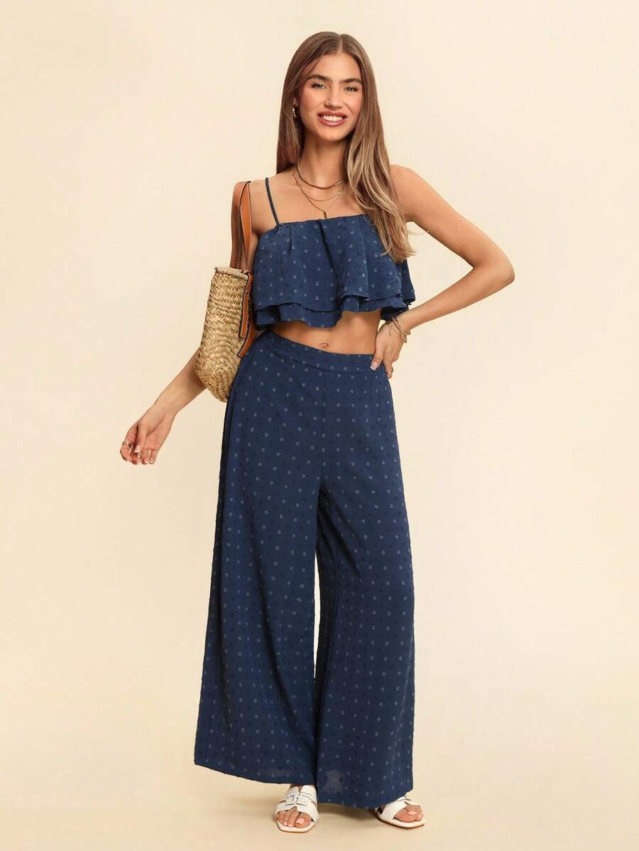 Coeurva Swiss Dot Casual Tank Top And Wide Leg Pants - Navy Blue - View 1