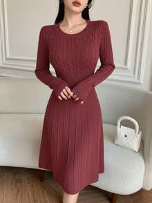 Modelyn Vestido de cuello redondo de manga larga con trenzado elegante de mujer - Burdeos - Ver 6