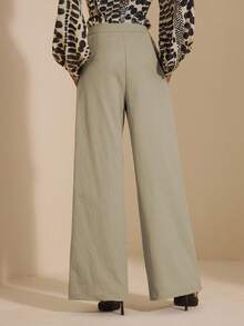 JIAN LASALA Solid Woven High-Waist Wide Leg Long Pants Women Autumn Winter Casual Wear Cheetah Print Outfit Women Khaki Outfits For Women Wide Leg Pants Woman Luxury Stylish Clothing Collection