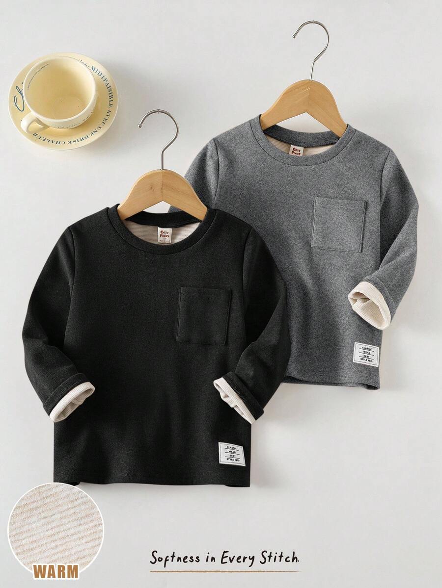 Cozy Pixies 2pcs Young Boy Decorative Jacquard Knit Soft Crew Neck Long Sleeve Pullover Tee Set - Grey - View 1