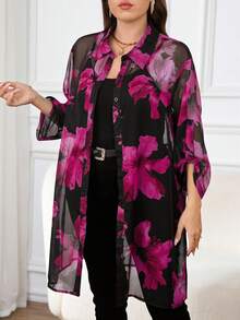 Reflora بلوزة شفافة مطبوعة بنقشة زهور أنيقة مقاس كبير