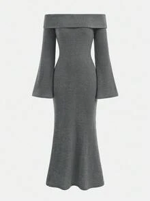 SHEIN 少女针织灰色毛绒罗纹露肩长袖休闲连衣裙 - 灰色 - 查看 2