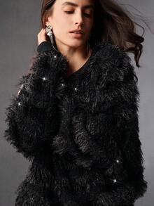 Anewsta Hanorac elegant pentru femei, cu guler rotund, negru, cu dungi, potrivit pentru Crăciun, petrecere de Revelion, iarnă - Negru - Vizualizare 1