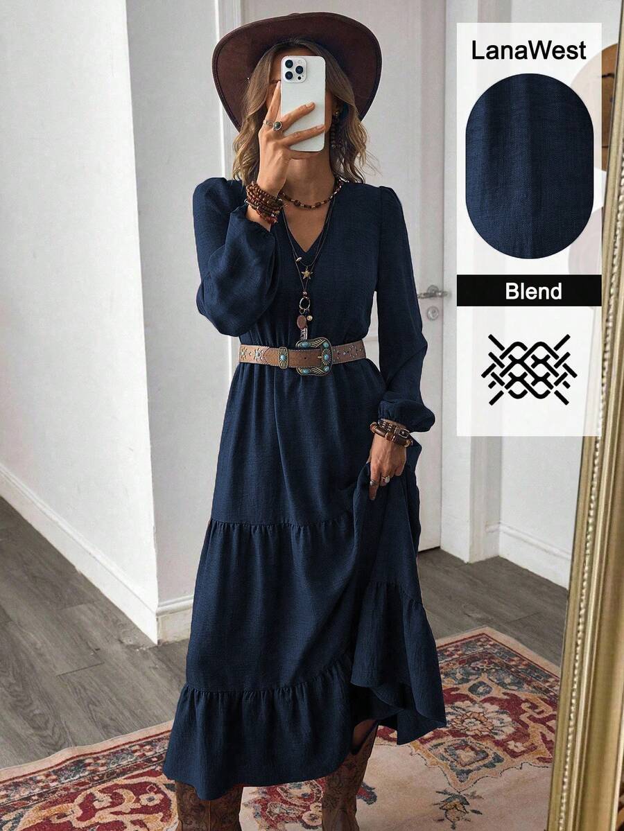 LanaWest Women's Autumn Bohemian Casual Vacation Style Rust Brown Design V-Neck Long Sleeve Patchwork Dress - Navy Blue - View 1