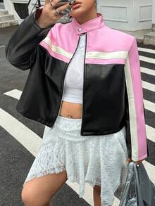 Muchica Plus Size Women Black & Pink Color Block Jacket, Autumn/Winter Y2k Jacket Women Jacket Racing Jacket Pink And Black Jacket Crop Top Jacket - Pink - View 6