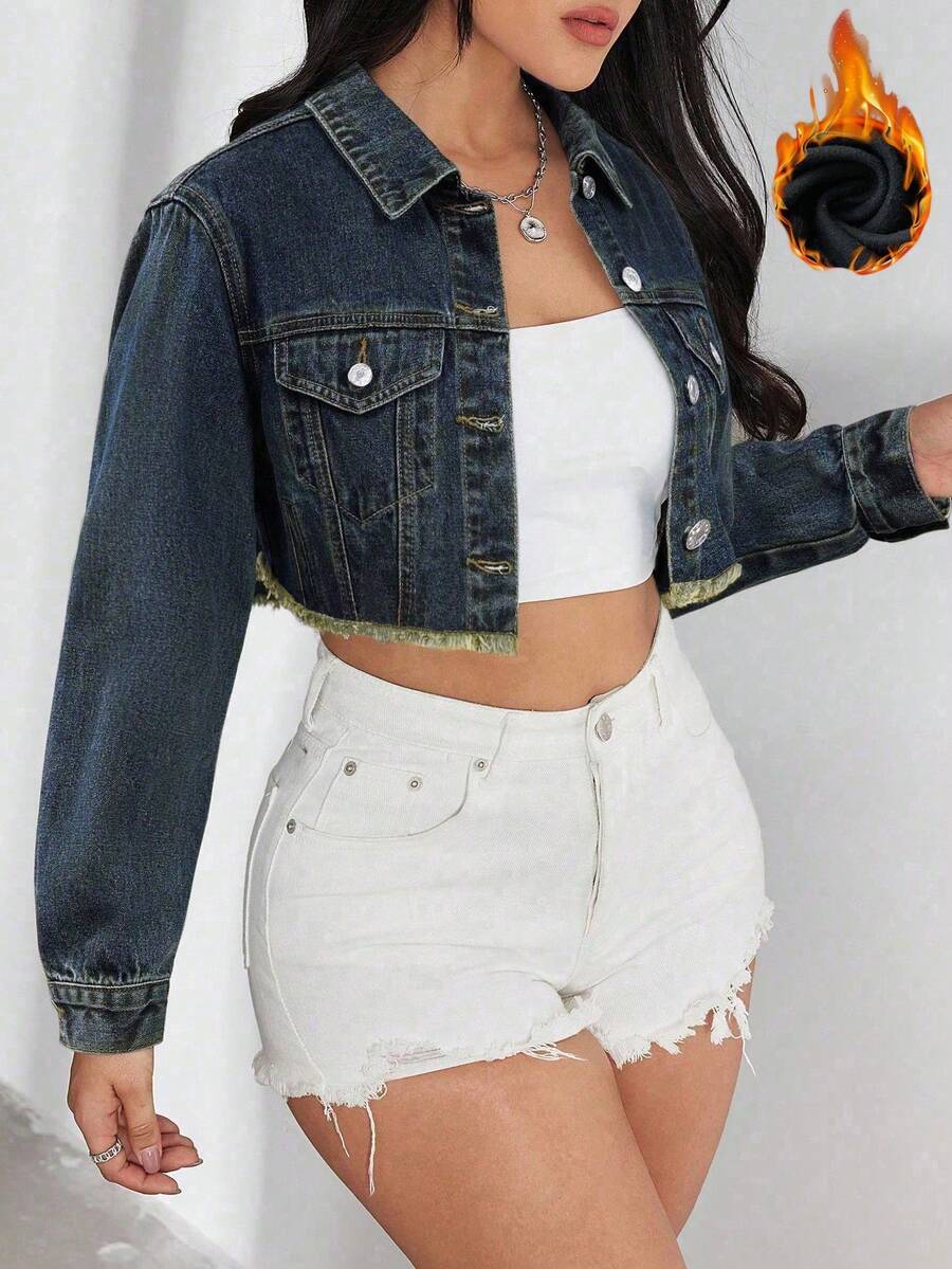 SHEIN EZwear 休闲水洗短款牛仔夹克，秋季 - 淺色水洗藍 - 查看 1