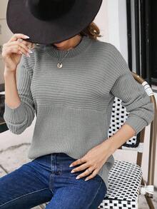 SHEIN Essnce 女式纯色圆领长袖休闲毛衣，秋冬 - 灰色 - 查看 4