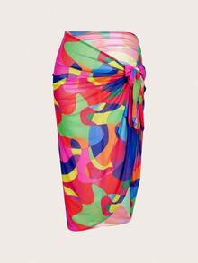 Swim Oasis 大码女式几何印花拼布荷叶边比基尼套装带罩衫裙，海滩度假 - 彩色 - 查看 7