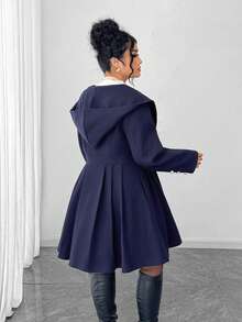 Elenzga 大码女式休闲连帽双排扣A字长袖外套，适合毕业典礼、节日、情人节、圣诞节、音乐节、母亲节、万圣节、感恩节、复活节、国庆节、舞会、约会、派对、婚礼、户外活动、秋冬季穿着。 - 藏蓝色 - 查看 1