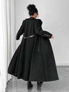 Elenzga 大码女装时尚简约商务通勤优雅休闲日常百搭前片皮革拼接纽扣腰带修身纯色夹克 - 黑色 - 查看 1