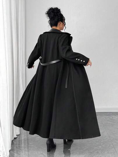 Elenzga 大码女装时尚简约商务通勤优雅休闲日常百搭前片皮革拼接纽扣腰带修身纯色夹克