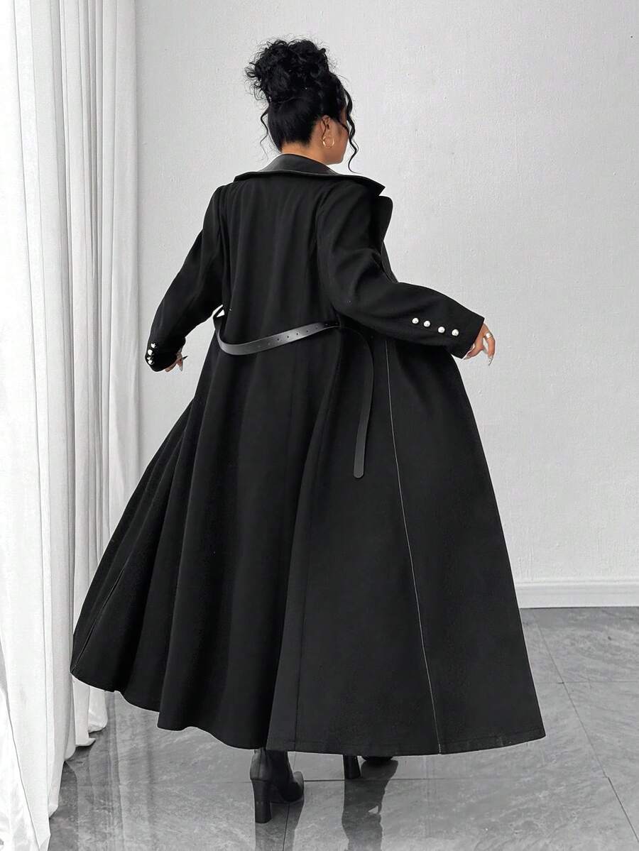 Elenzga 大码女装时尚简约商务通勤优雅休闲日常百搭前片皮革拼接纽扣腰带修身纯色夹克 - 黑色 - 查看 1