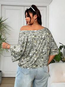 SHEIN EZwear 植物印花休闲宽松大码女式蝙蝠袖T恤 - 彩色 - 查看 2
