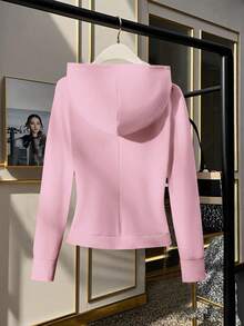 GlowEve Áo nỉ trùm đầu tay dài có khóa kéo màu trơn dành cho nữ, có dây rút - Hồng - Xem 2