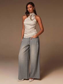 Athîral Women's Party Elegant Top, New Year, Simple Solid Color Halter Neck Satin Top - Champagne - View 3