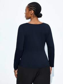 Maija 大码女式蓝色长袖基本款 T 恤，适合秋冬季、圣诞派对、感恩节、休闲都市商务装、优雅上衣 - 藏蓝色 - 查看 3