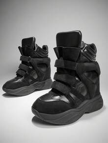 Solezae New 2025 Glamorous Super Maranto Triple Solid Black High-Top Hook And Loop Strap Quilted Padded Collar Concealed Wedge Women's Sneaker Shoe For Christmas - Black - View 2