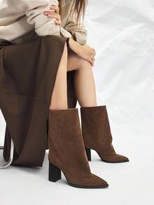 Mnmlis Women's Retro Western Style Khaki Suede Zipper Tall Boots - Brown - View 1