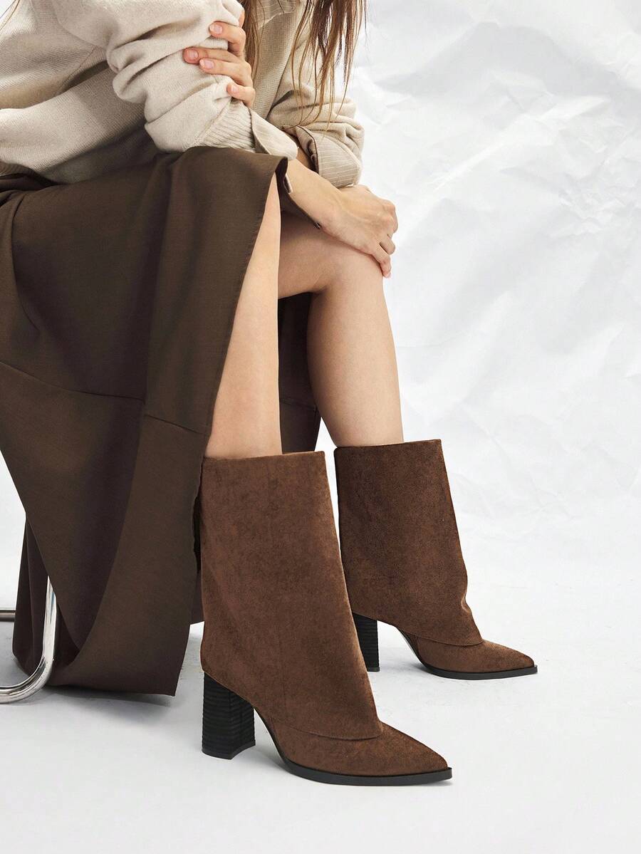 Mnmlis Women's Retro Western Style Khaki Suede Zipper Tall Boots - Brown - View 1