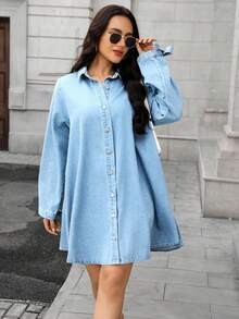 EMERY ROSE 女式长袖单排扣休闲宽松牛仔衬衫裙