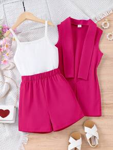 SHEIN Tween Girl Solid Cami Top & Shorts & Waterfall Collar Vest Coat - Multicolor - View 3
