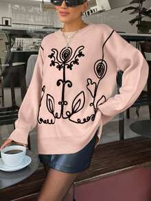 Áo len dệt kim dáng rộng cổ tròn, tay dài, trễ vai thêu họa tiết cho nữ, mùa thu/đông - Bụi hồng - Xem 7