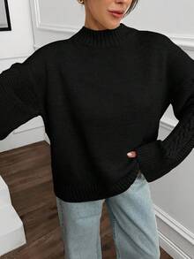 EURMUSE Women Solid Color Mock Neck Cable Knit Detailed Sleeve Drop Shoulder Pullover - Black - View 6