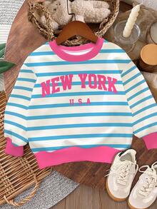 Emery Rose Kids Emery Rose Kids Happikins Toddler Girls/Little Girls Casual Minimalist Blue Striped With "NEW YORK" Text, Contrast Pink, Back To School, Collegiate Style, Loose Fit Crew Neck Comfortable Knit Long Sleeve Sweatshirt, Suitable For Autumn/Winter Fall - Multicolor - View 3