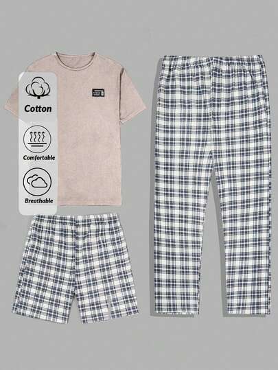 EURMUSE Men Cottonline Plaid Printed Patched Indoor 3pcs Pack Regular T-Shirt & Short & Pants Loungewear Set