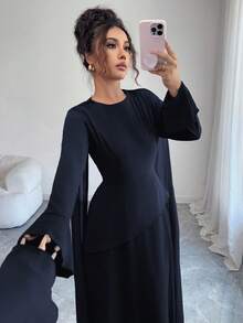 Elenzga 女士优雅中东风格复古法式别致连衣裙，采用分层裙摆，可调节束腰，喇叭袖和肩部垂坠，适合派对，秋冬季 - 藏蓝色 - 查看 3